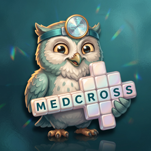 MedCross app icon — an owl doctor holding crossword tiles spelling MEDCROSS
